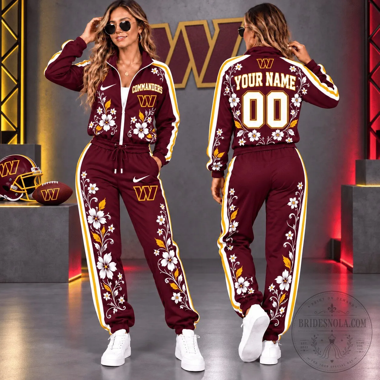 Washington Commanders Custom Name Number Floral Tracksuit Jacket and Pants Set