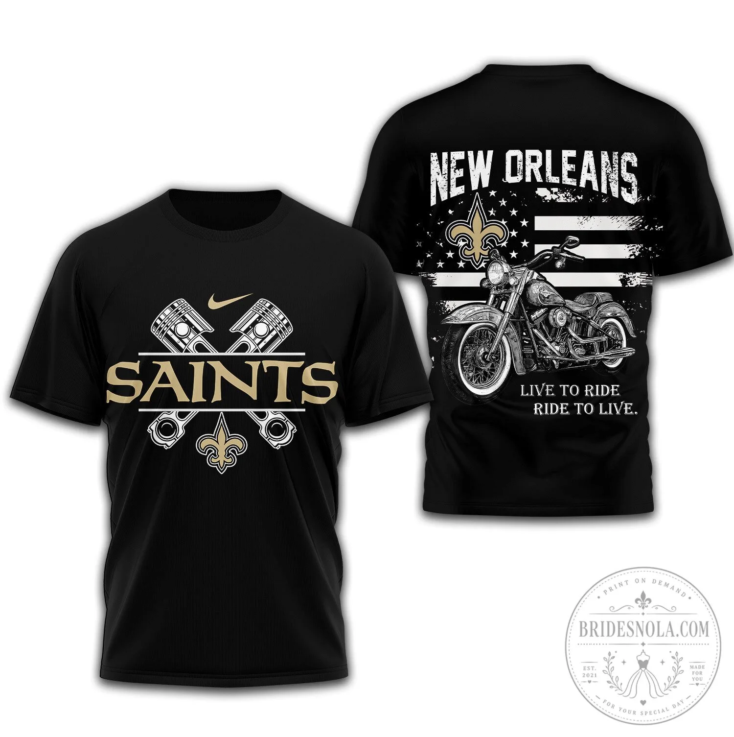 New Orleans Saints Motorcycle Biker Live To Ride Sports Fan T-Shirt