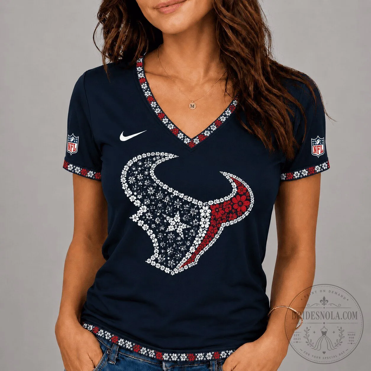 Houston Texans Floral Logo National Football League V-Neck T-Shirt for Women