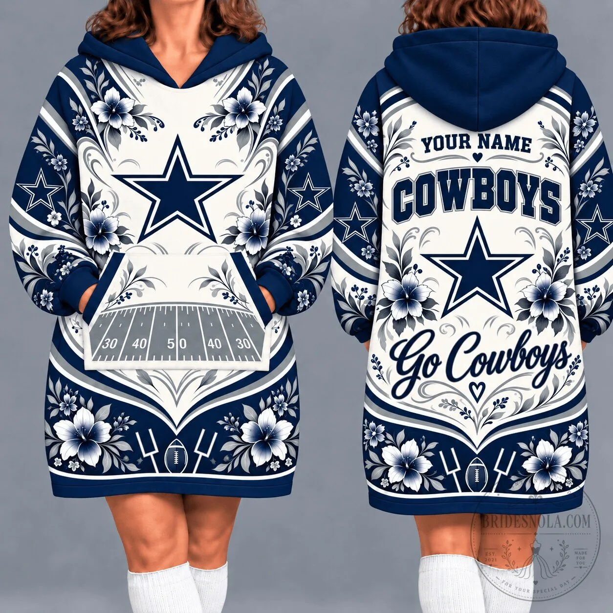 Dallas Cowboys Floral Print Oversized Wearable Blanket Hoodie