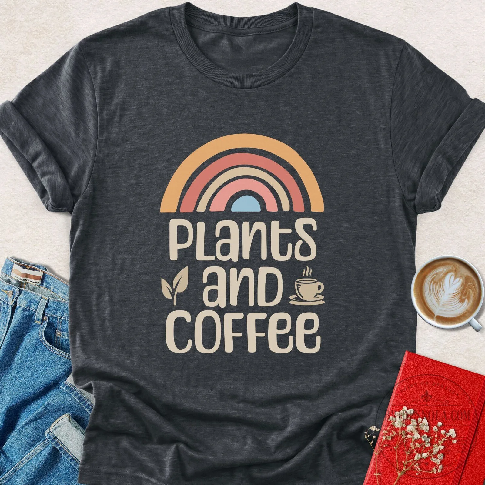 Retro Rainbow Plants and Coffee Lover Graphic T-Shirt