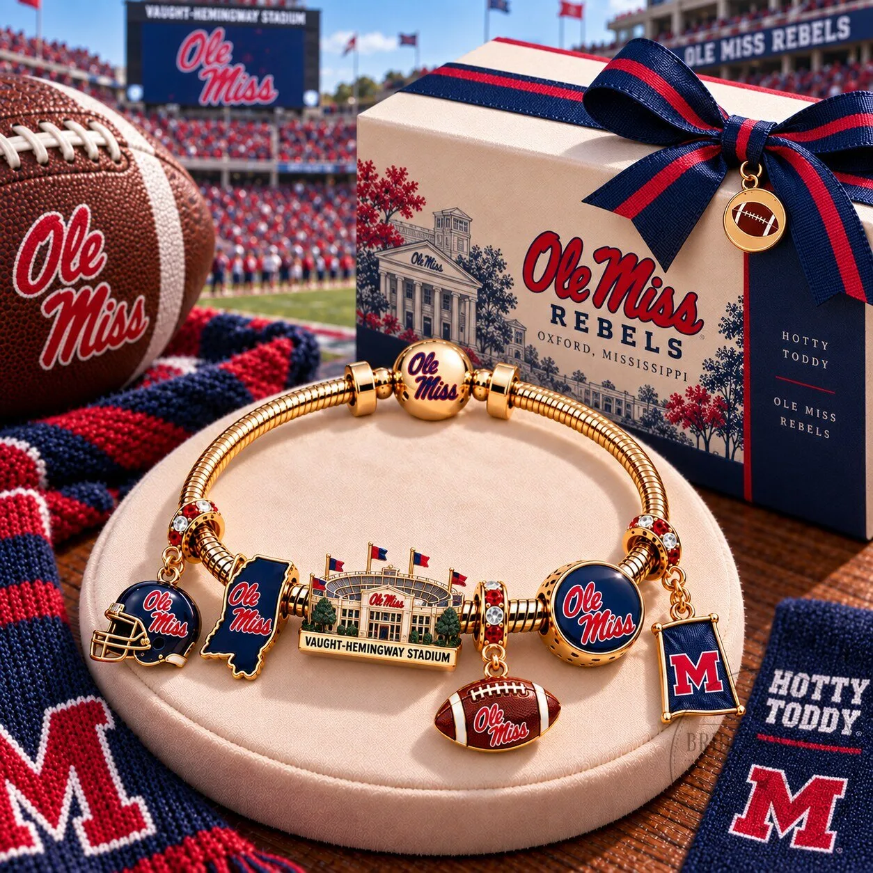 Ole Miss Rebels Football Team Gold Charm Bracelet with Vaught-Hemingway Stadium