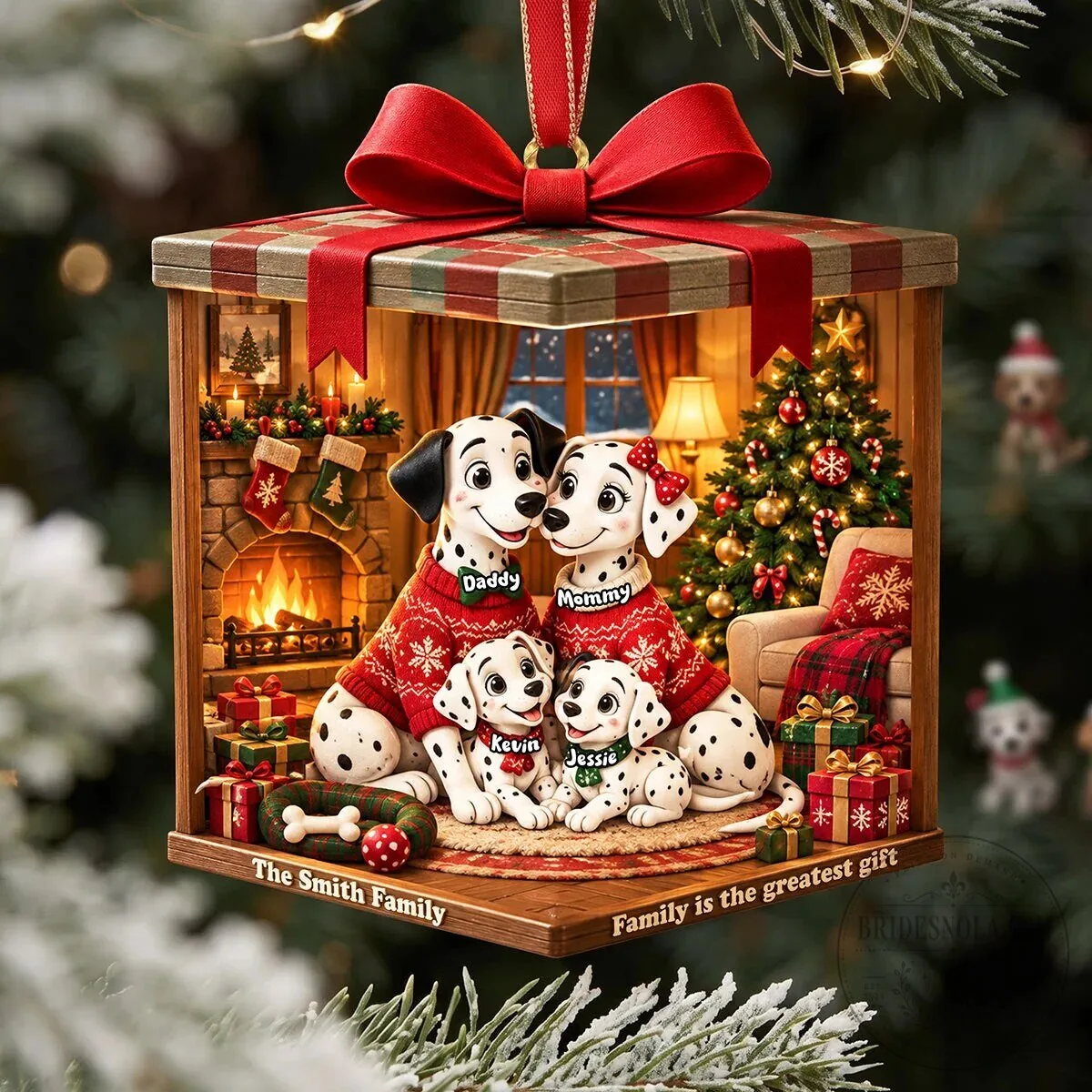 Personalized Dalmatian Family Christmas Ornament with Custom Names and Family Name