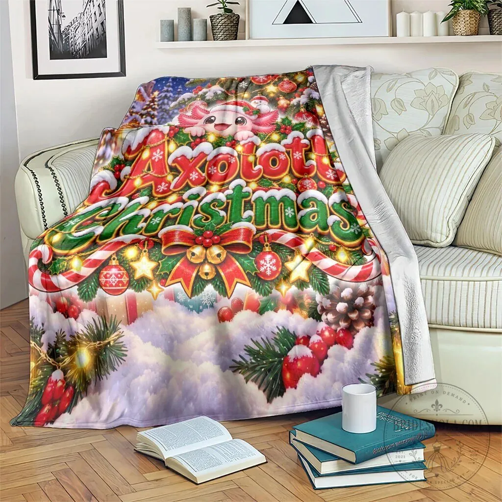 Axolotl Christmas Blanket Cute Festive Winter Snowflakes Art
