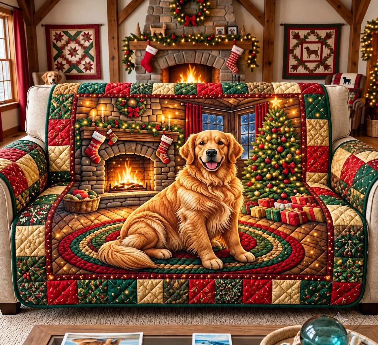 Golden Retriever Christmas Fireplace Scene Quilted Sofa Cover