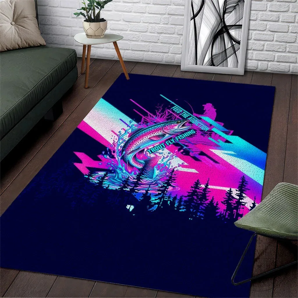 Trout Fly Fishing Born To Cast Vibrant Neon Cyberpunk Abstract Rainbow Trout Area Rug