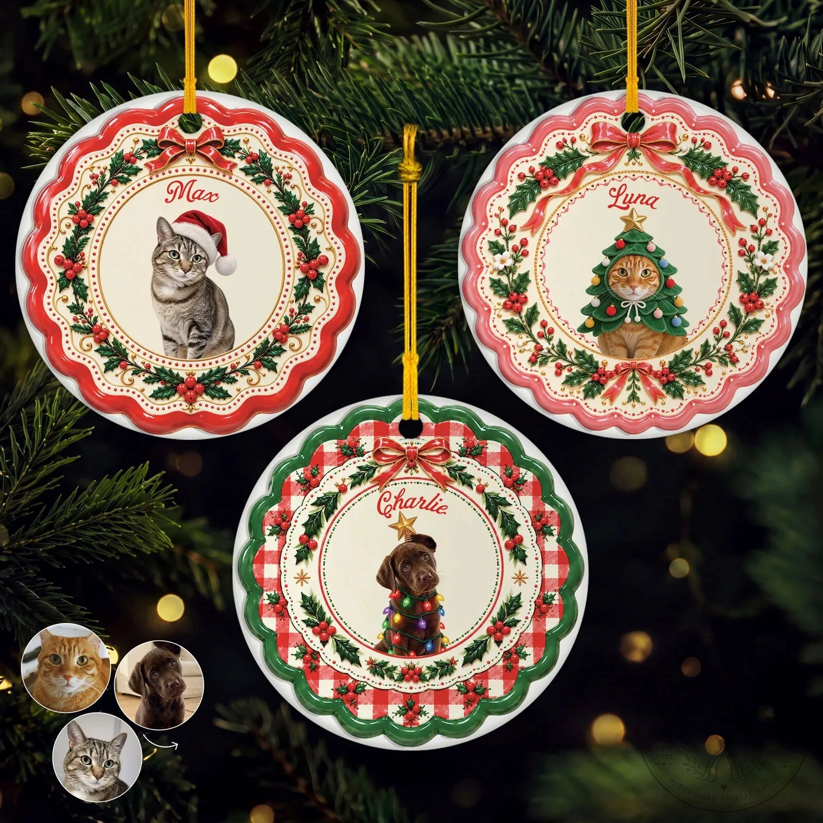Personalized Christmas Pet Photo Ceramic Ornament for Cat and Dog Owners