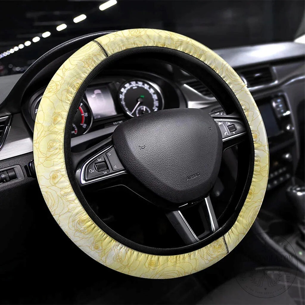 Yellow Rose Floral Steering Wheel Cover with Wattle Flowers