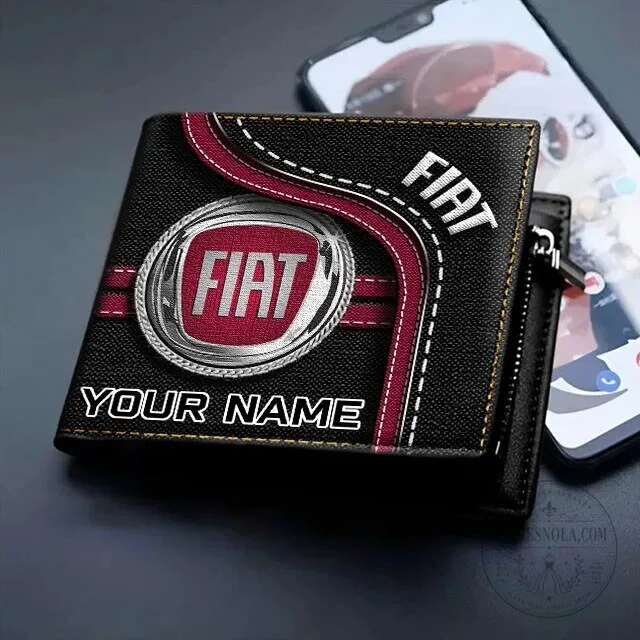 Fiat Car Logo Custom Name Black Leather Bifold Wallet for Men