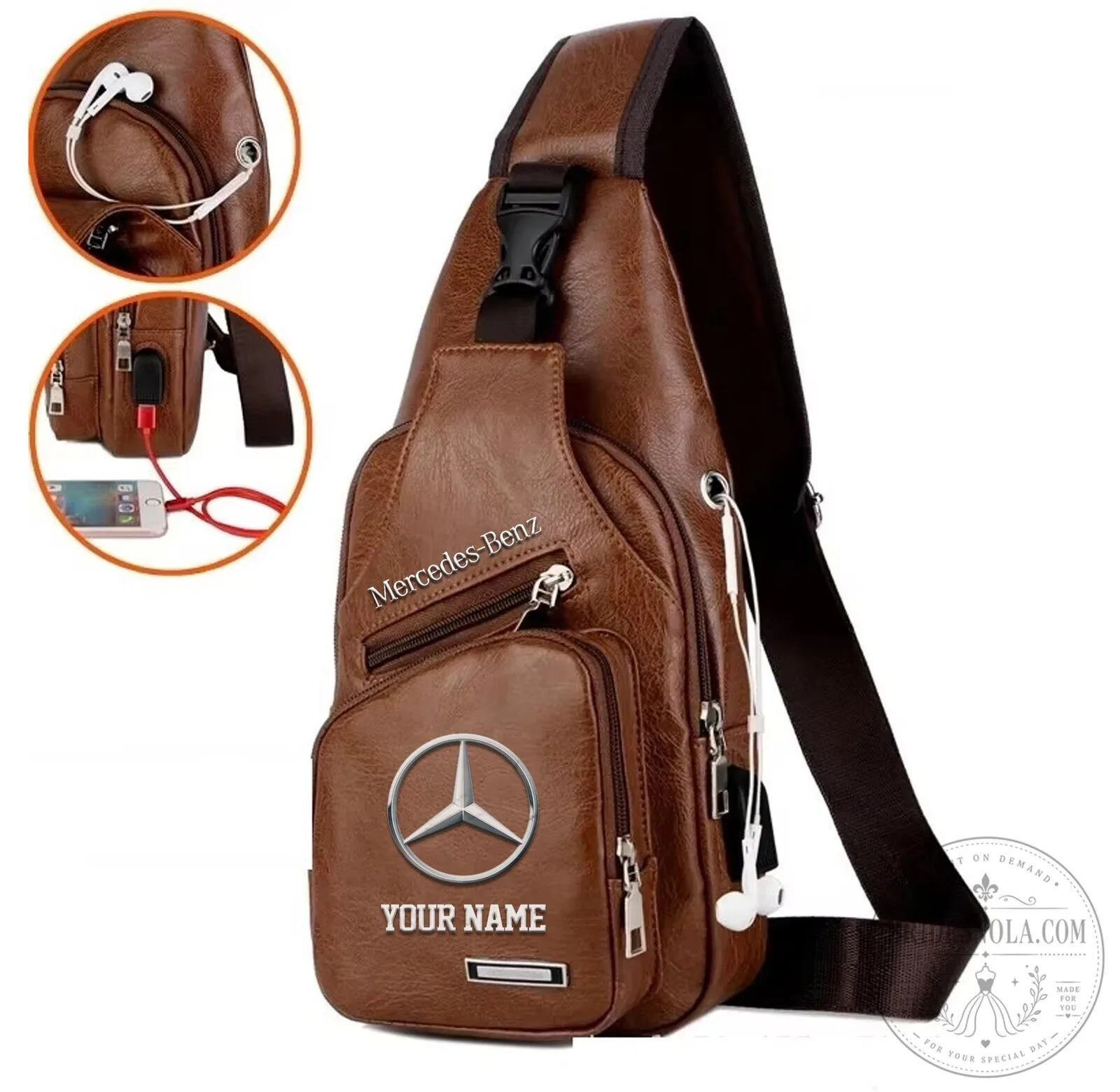 Mercedes-Benz Custom Name Brown Leather Chest Sling Bag