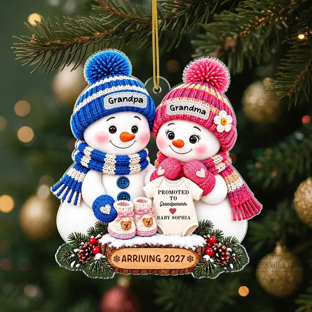 Promoted to Grandparents Snowman Acrylic Christmas Ornament with Baby Sophia
