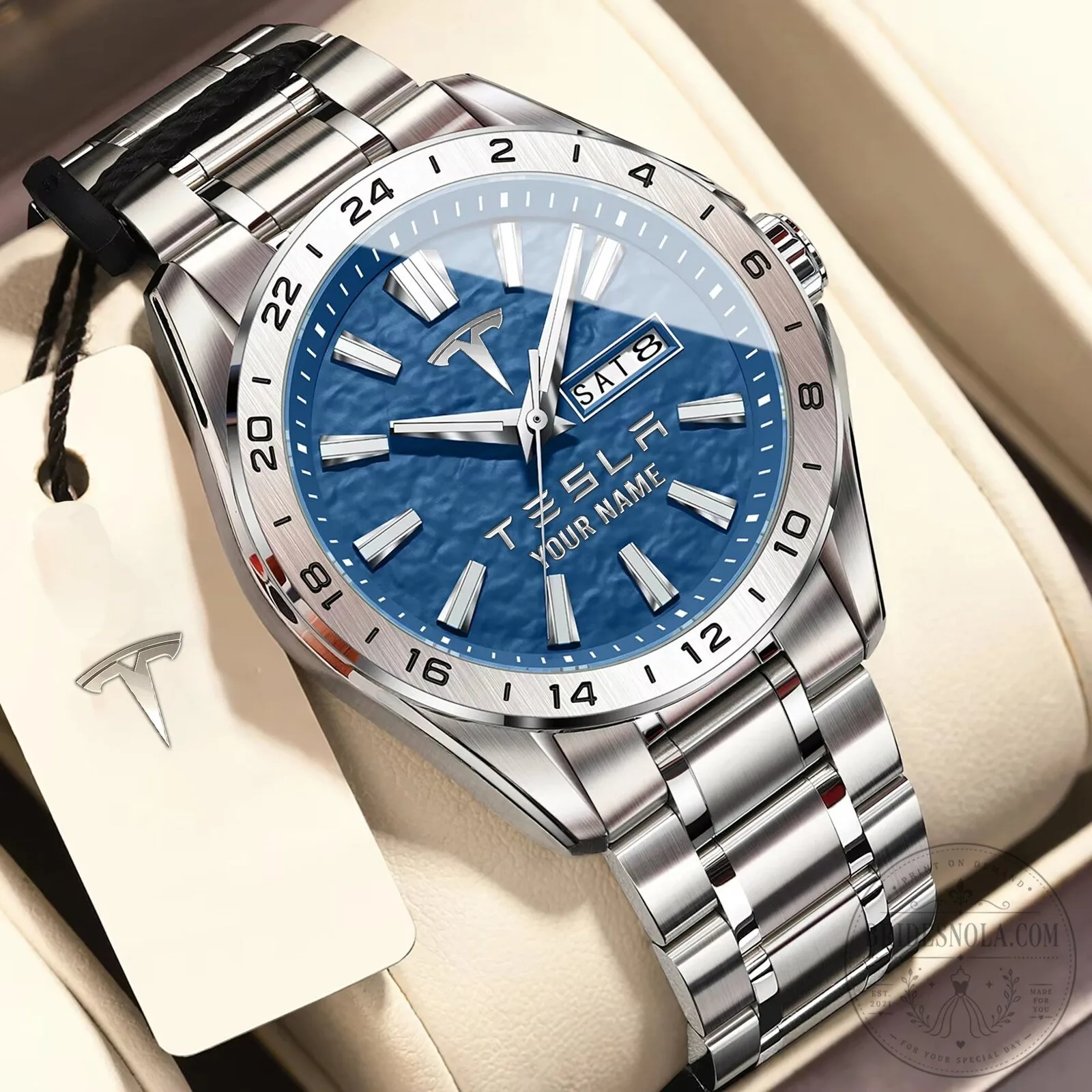 Custom Tesla Logo Stainless Steel Automatic Movement Men's Watch