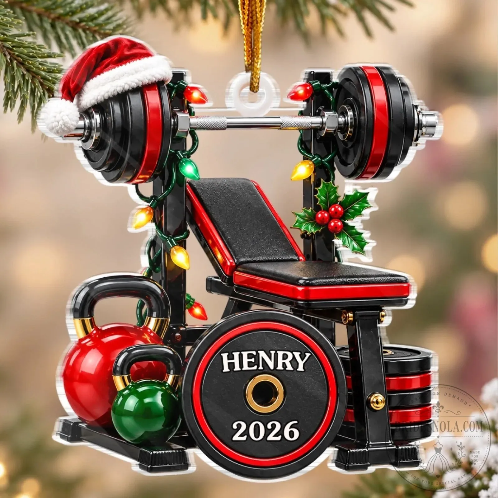 Personalized Weightlifting Gym Christmas Ornament, Custom Name Fitness Lover Gift
