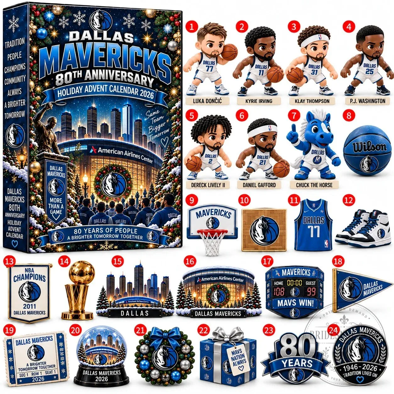 Dallas Mavericks 80th Anniversary Holiday Advent Calendar 2026 with Collectible Figurines