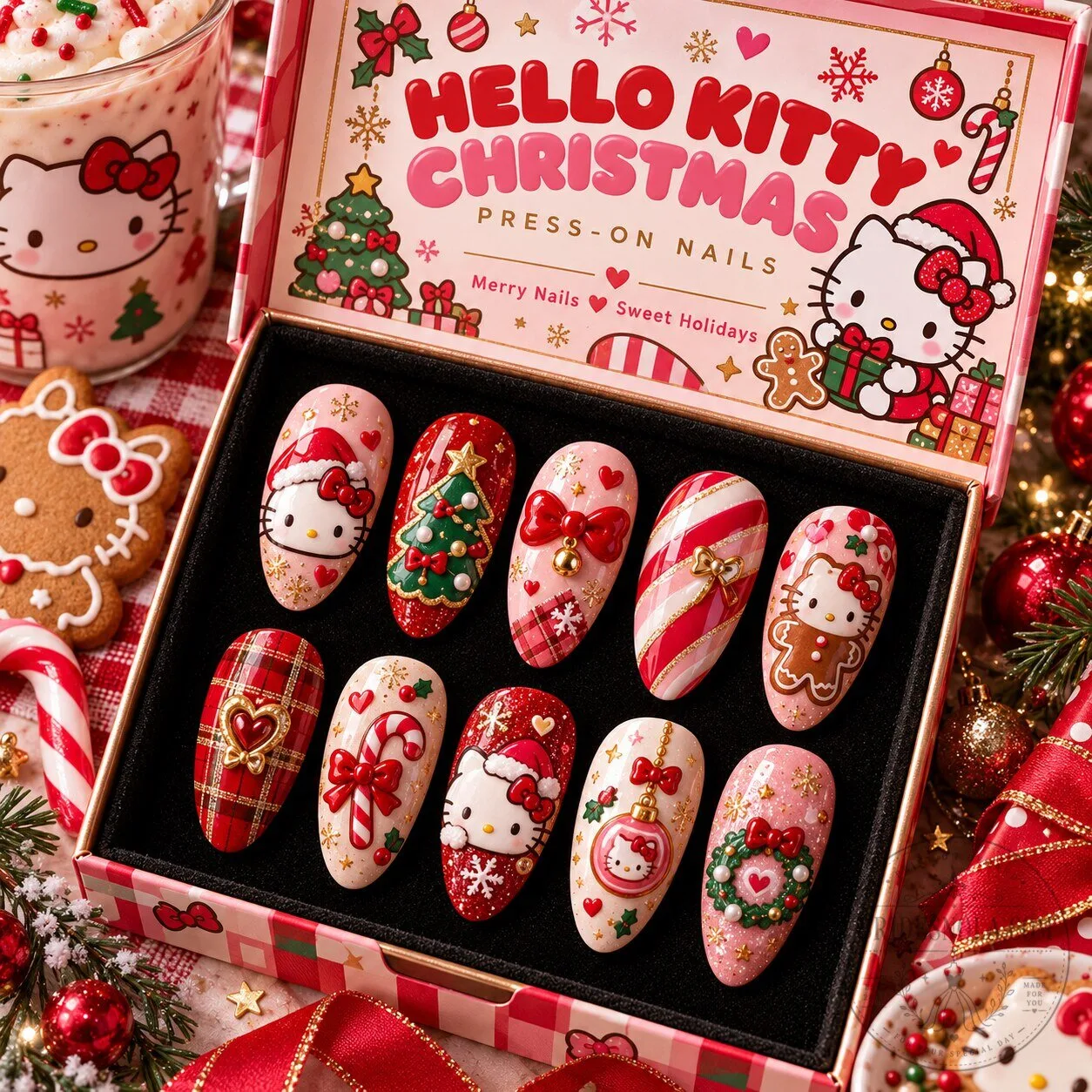 Hello Kitty Christmas Tree Candy Cane Gingerbread Press-On Nails Set