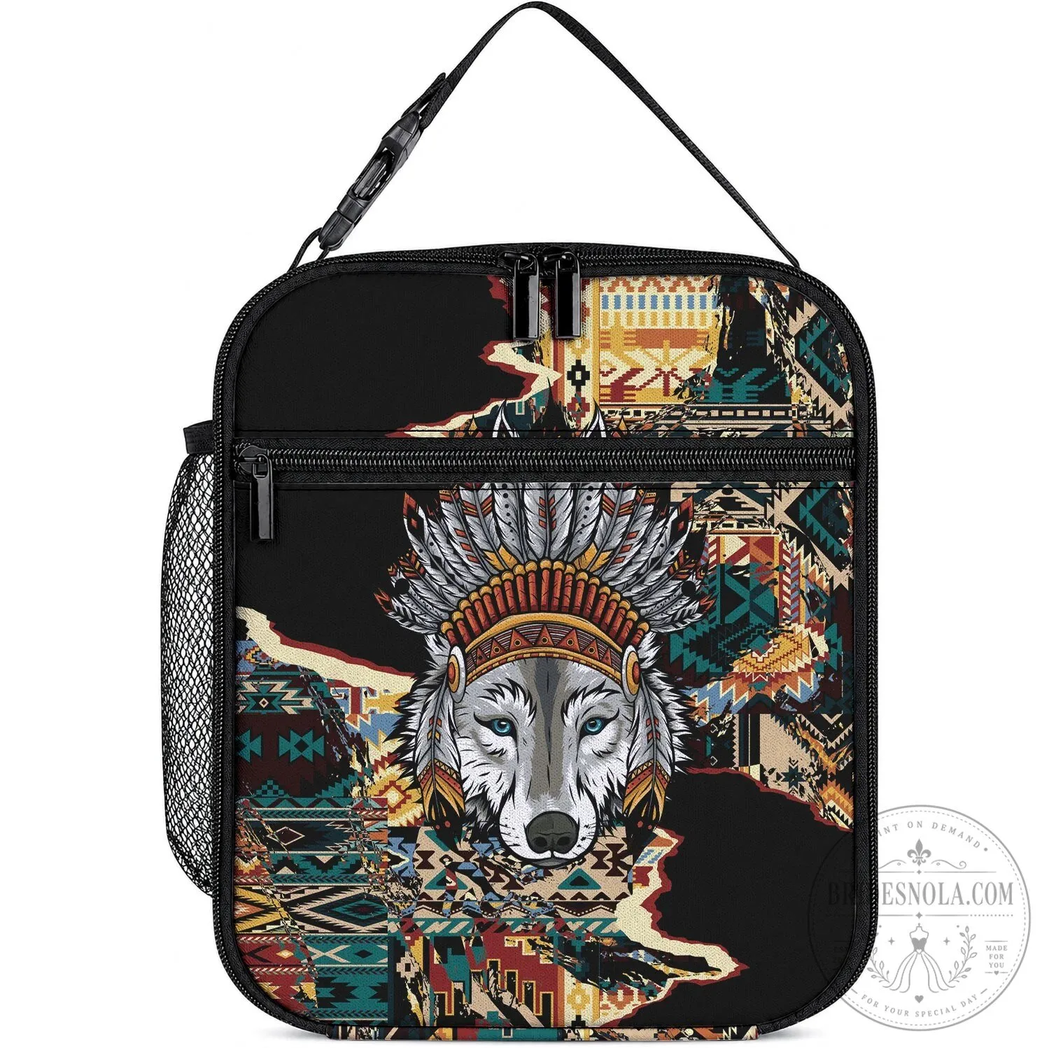 Native American Wolf Chief Headdress Navajo Pattern Insulated Lunch Bag
