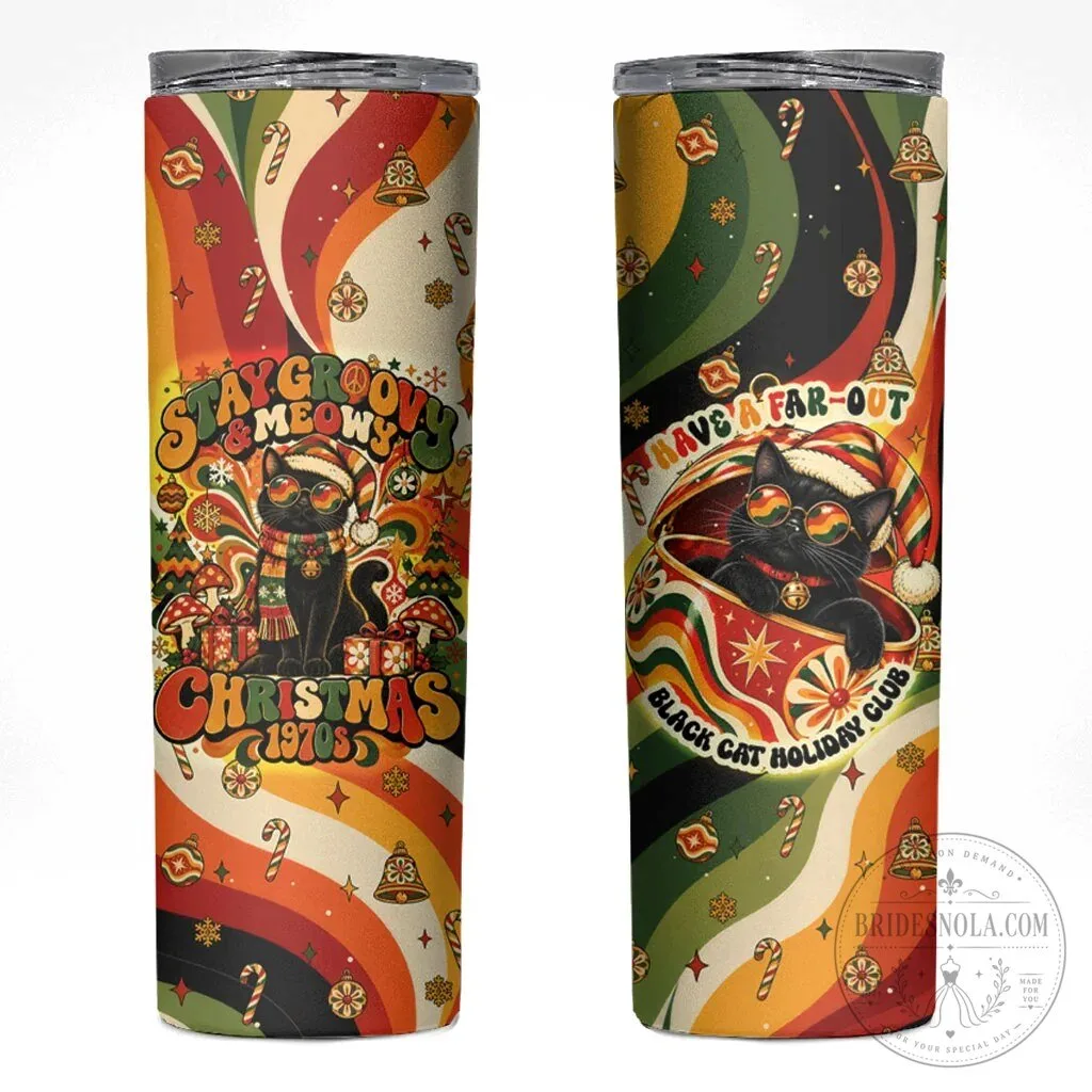 Groovy Christmas Black Cat Holiday Club Vintage 1970s Retro Skinny Tumbler
