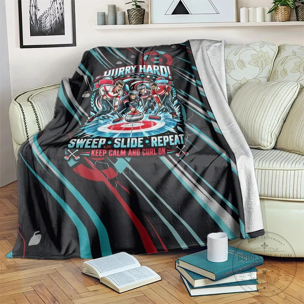 Hurry Hard Curling My House My Rules Sweep Slide Repeat Sports Quote Blanket