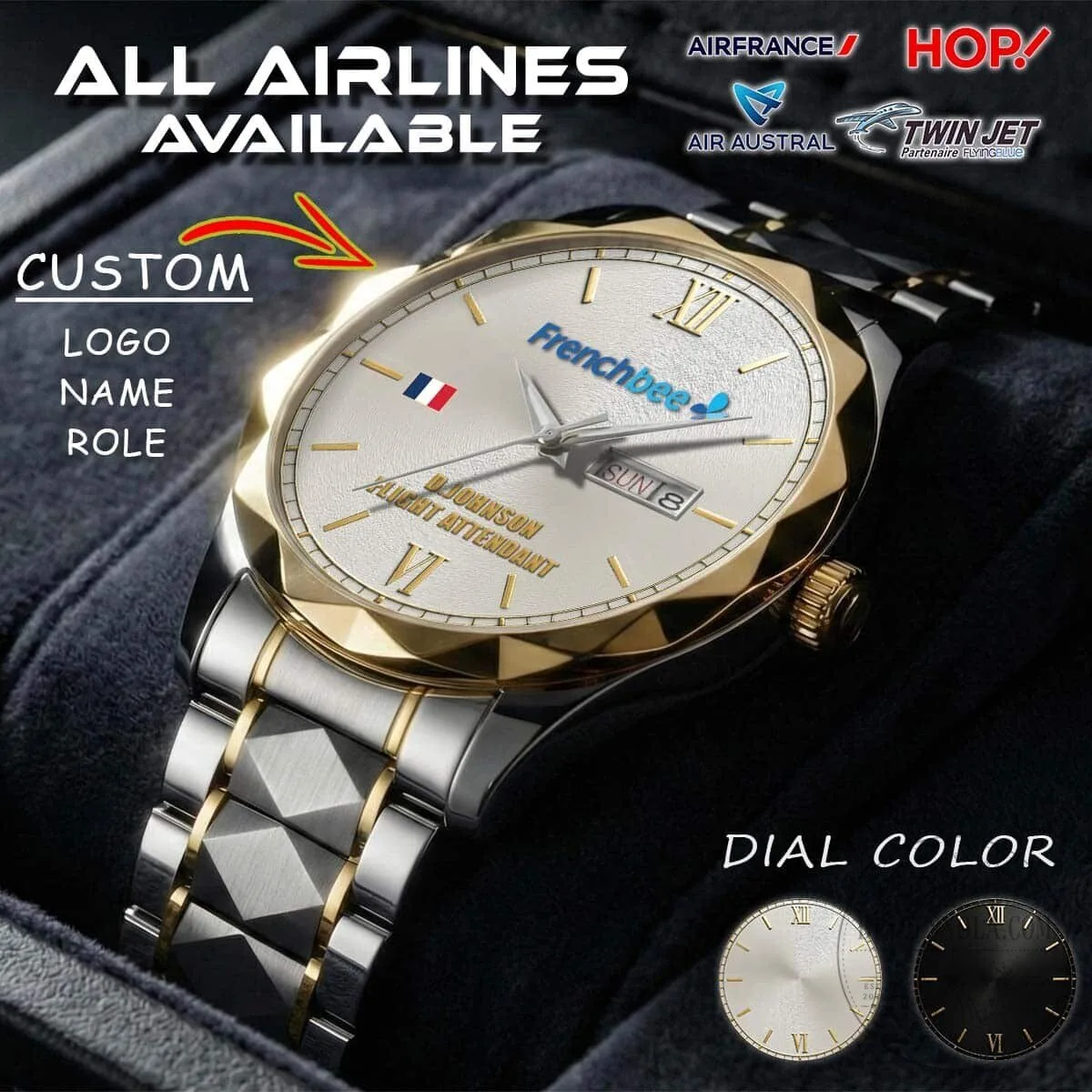 Frenchbee Airlines Flight Attendant Custom Engraved Gold and Silver Watch