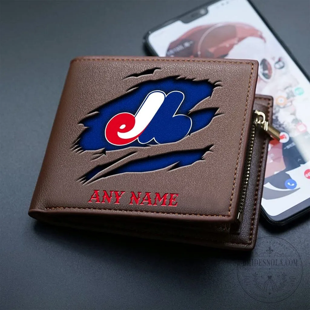 Montreal Expos Baseball Team Personalized Name Brown Leather Wallet