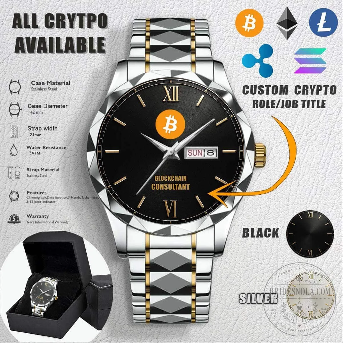 Custom Bitcoin Blockchain Consultant Stainless Steel Watch