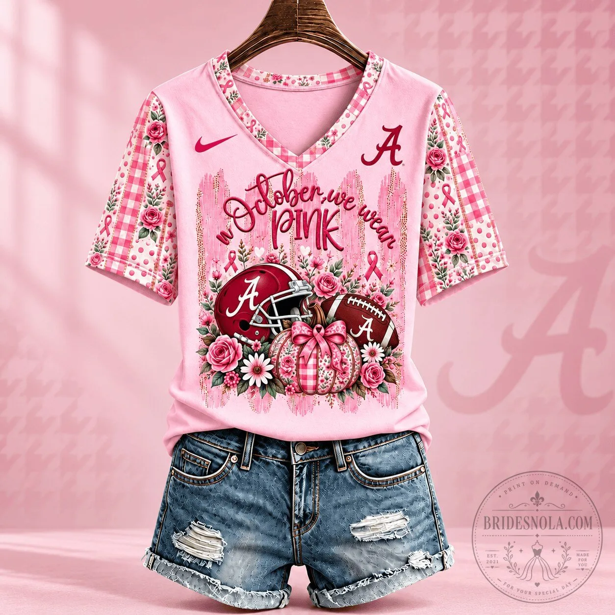 Alabama Crimson Tide Football Breast Cancer Awareness Pink Floral T-Shirt