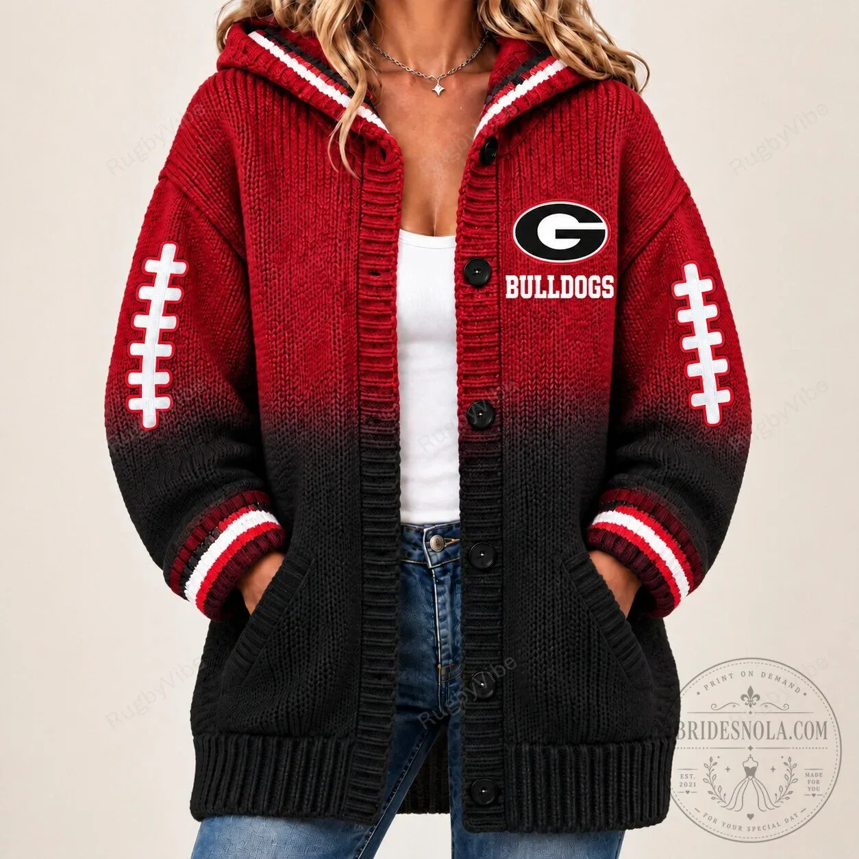 Georgia Bulldogs Football Team Logo Red Black Ombre Knit Cardigan Hoodie