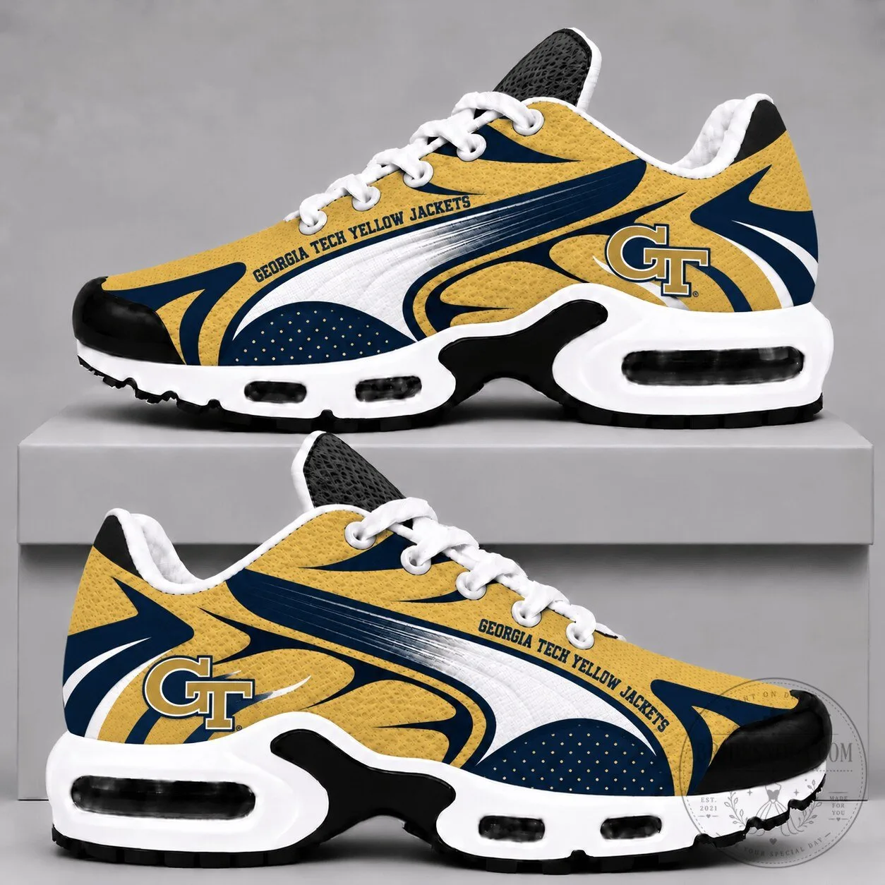 Georgia Tech Yellow Jackets Team Logo Gold and Navy Blue Sneakers Shoes