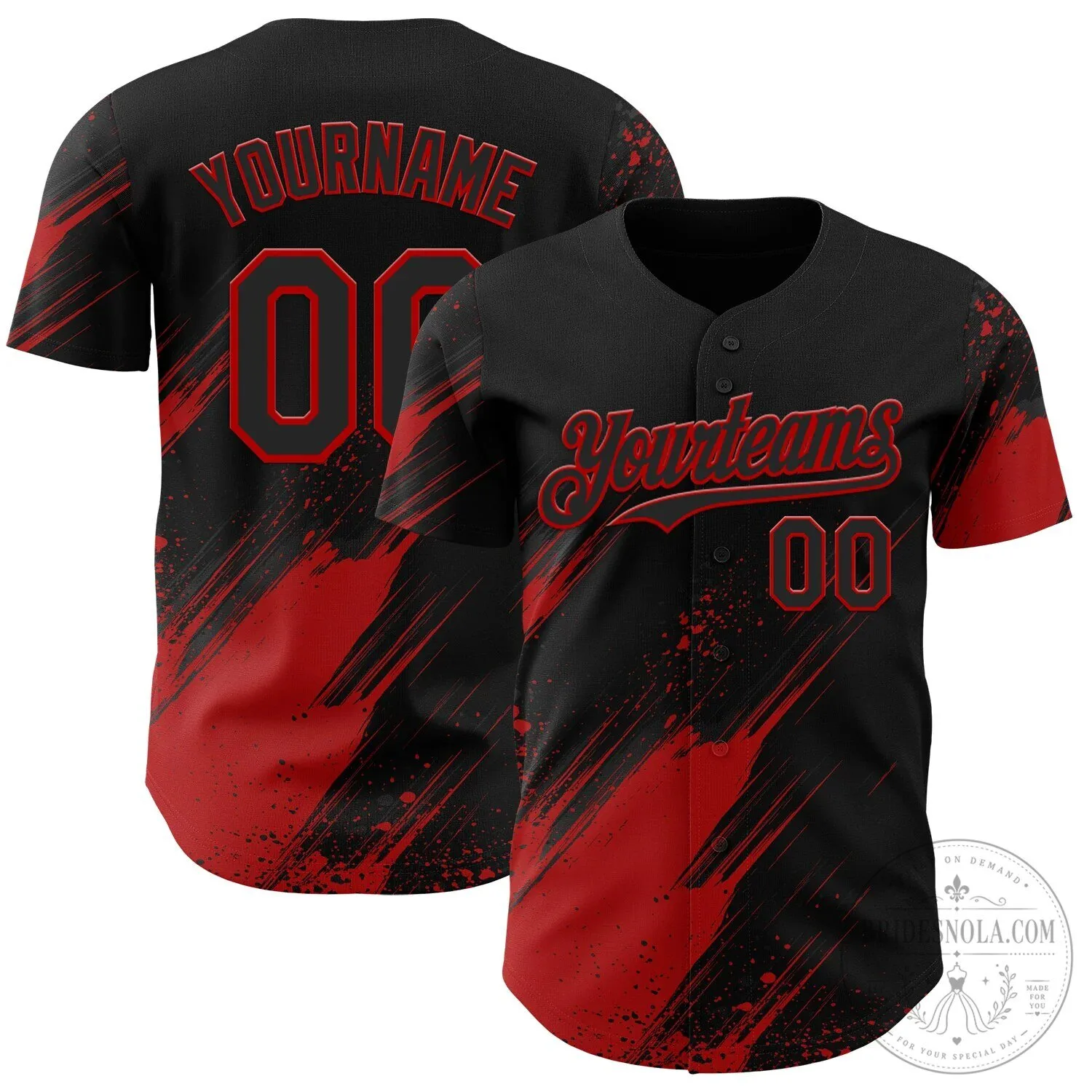Custom Black and Red Diagonal Scratch Brush Stroke Paint Splatter Baseball Jersey