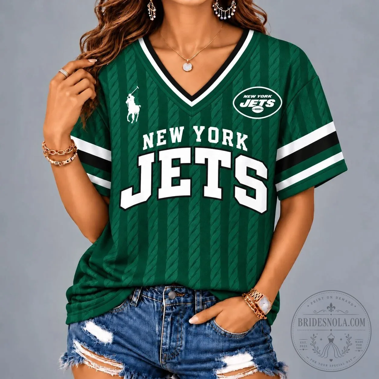 New York Jets American Football Team Green Striped V-Neck Short Sleeve T-Shirt