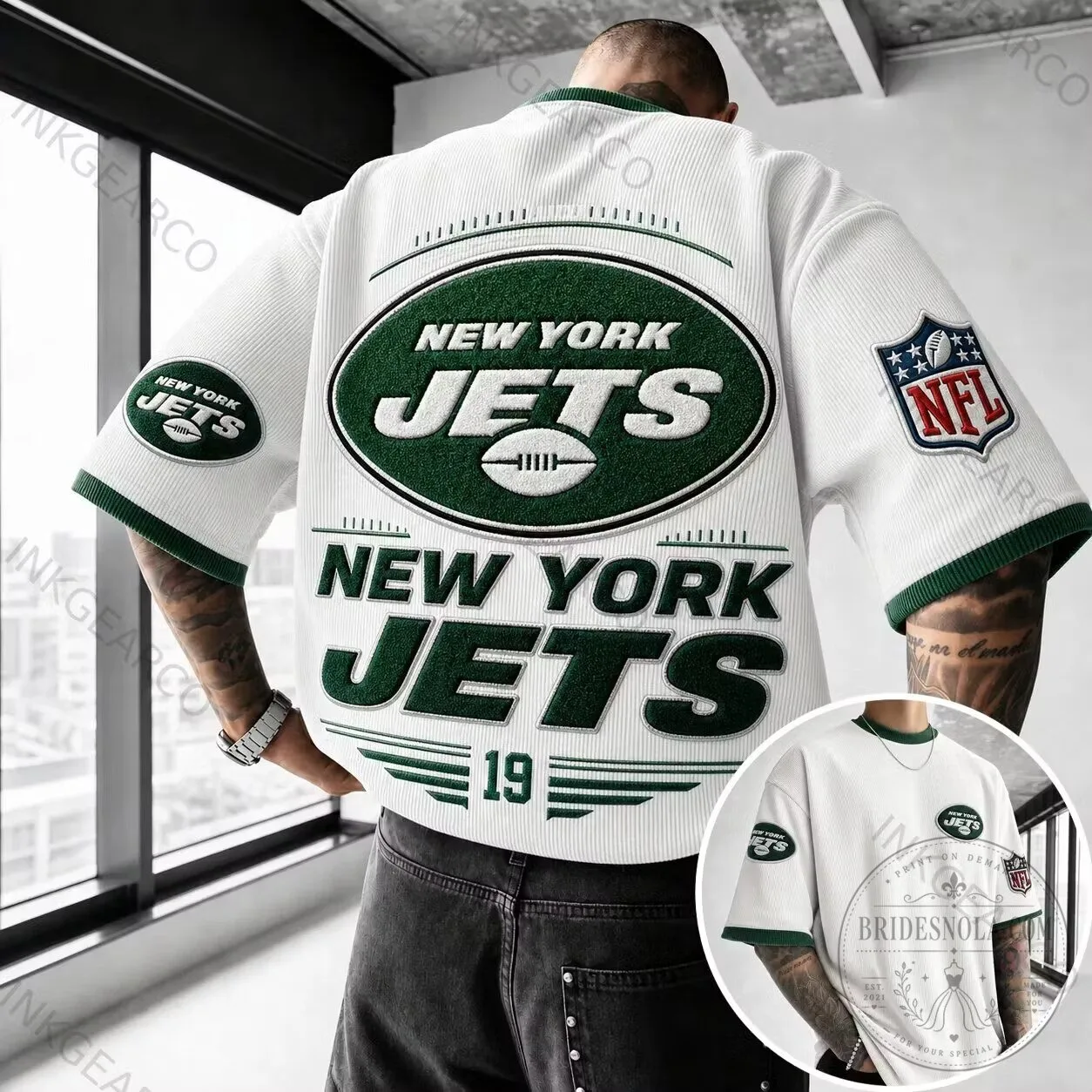 New York Jets NFL Football Team Logo White Oversized Short Sleeve T-Shirt