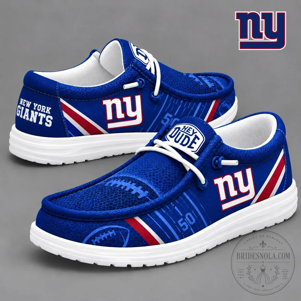 Blue Loafer Shoes featuring the New York Giants NFL Team Logo for Both Men and Women