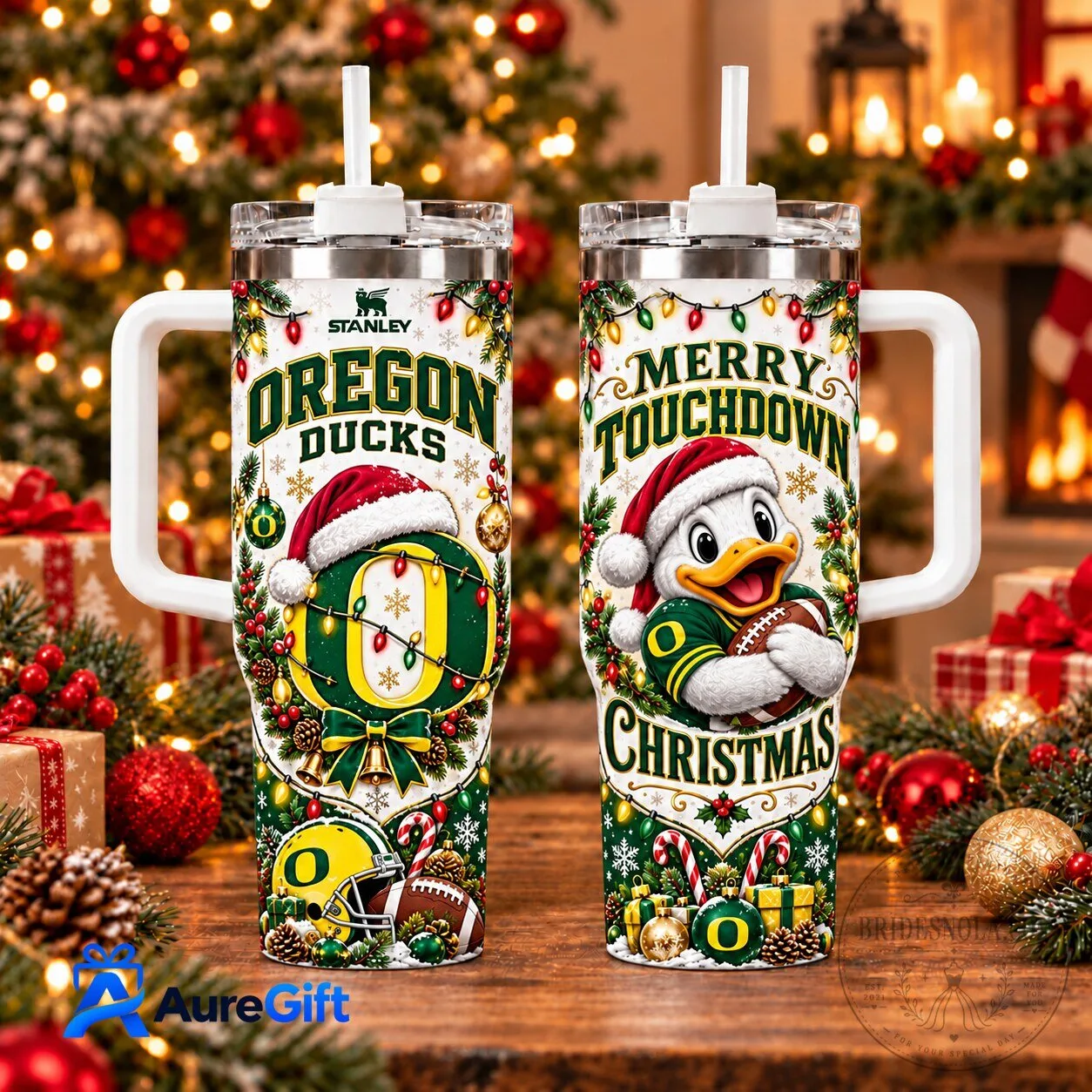 Oregon Ducks Merry Touchdown Christmas Holiday Tumbler with Handle