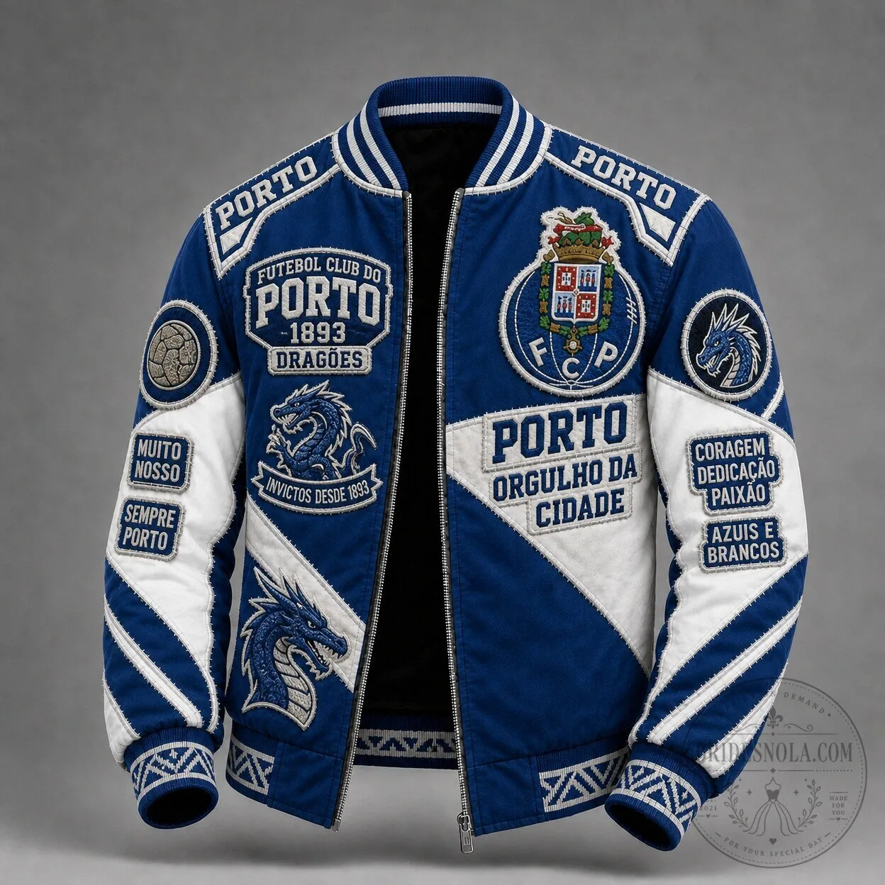 Porto Football Club Dragon Mascot Bomber Jacket, Blue and White Varsity Style