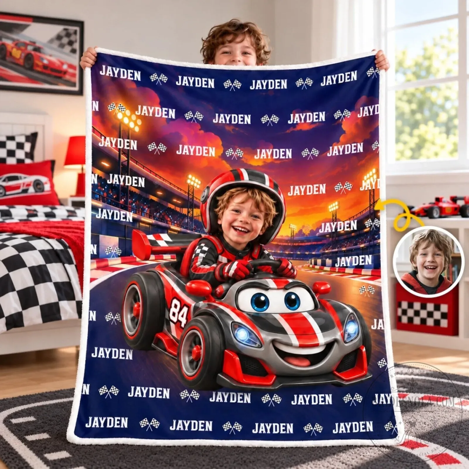 Personalized Racing Car Checkered Flag Kids Blanket