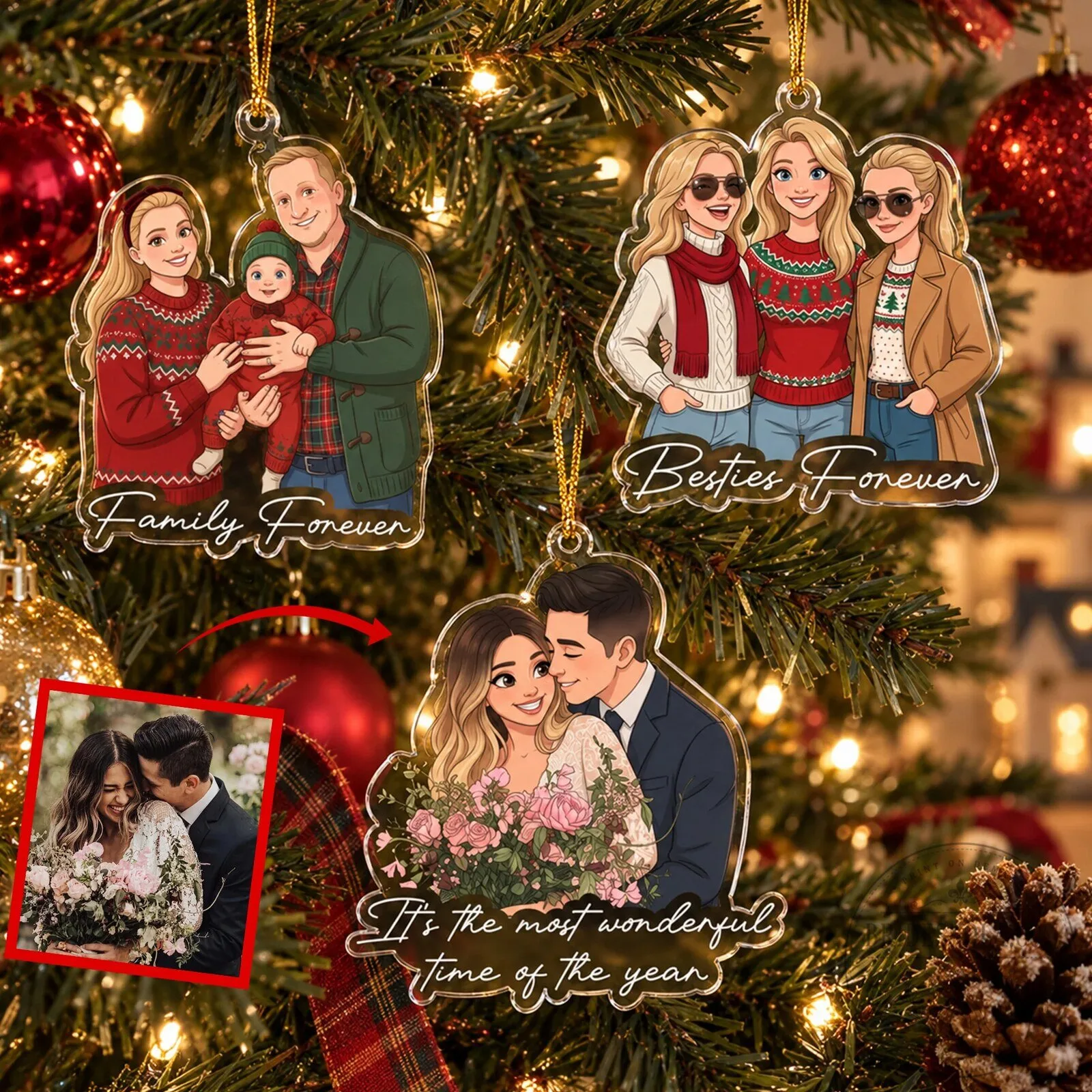 Personalized Family Portrait Christmas Tree Ornament Custom Photo Cartoon Style Gift