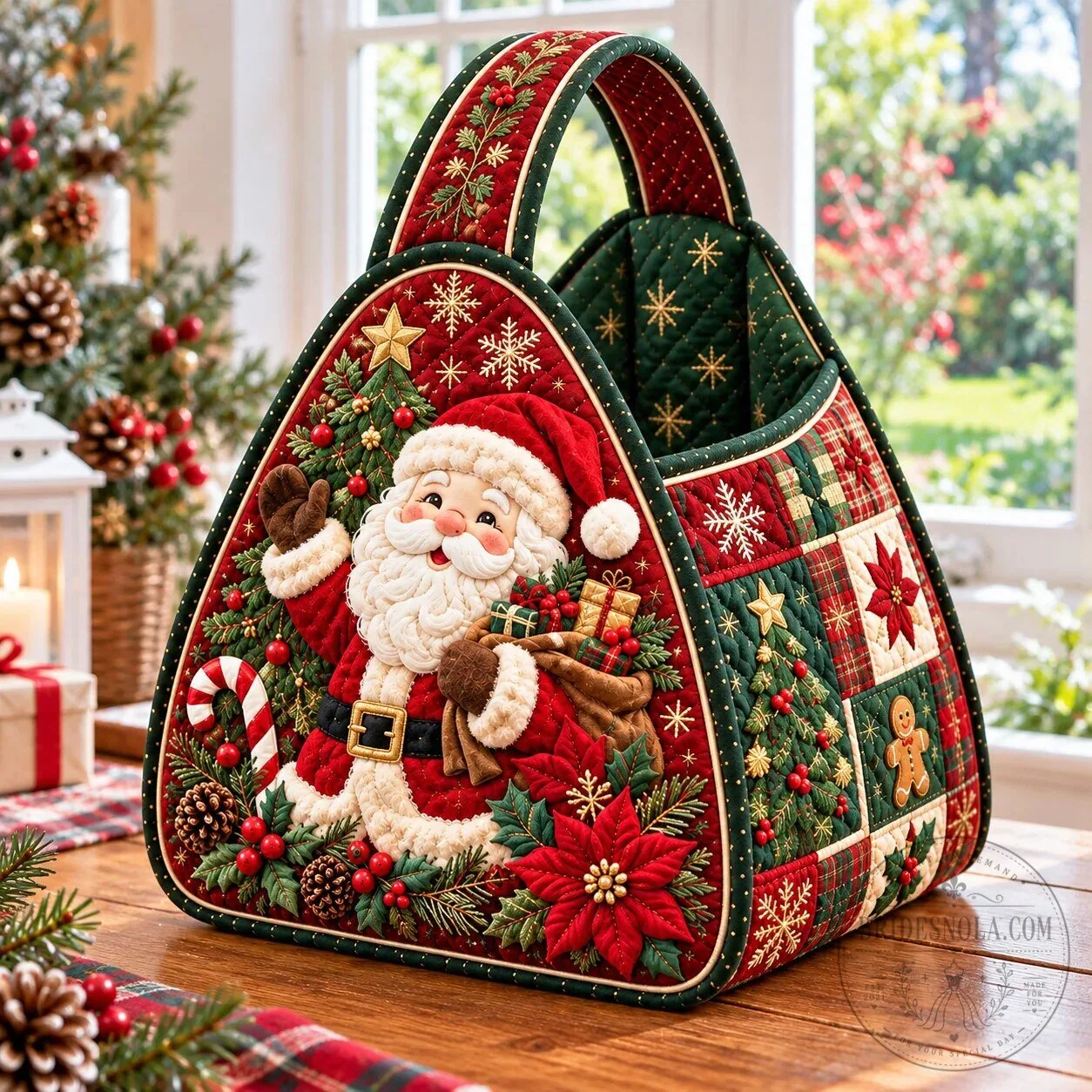 Santa Claus Christmas Quilted Basket with Giftmaking Scene and Holiday Decorations 6 Santa Claus Christmas Quilted Basket with Giftmaking Scene and Holiday Decorations