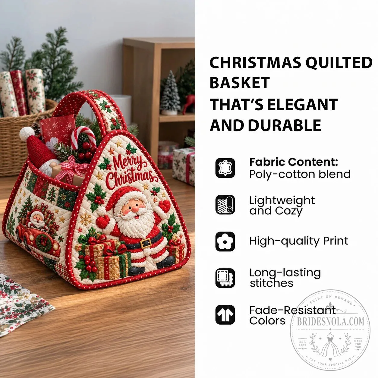 Santa Claus Christmas Quilted Basket with Giftmaking Scene and Holiday Decorations 8 Santa Claus Christmas Quilted Basket with Giftmaking Scene and Holiday Decorations