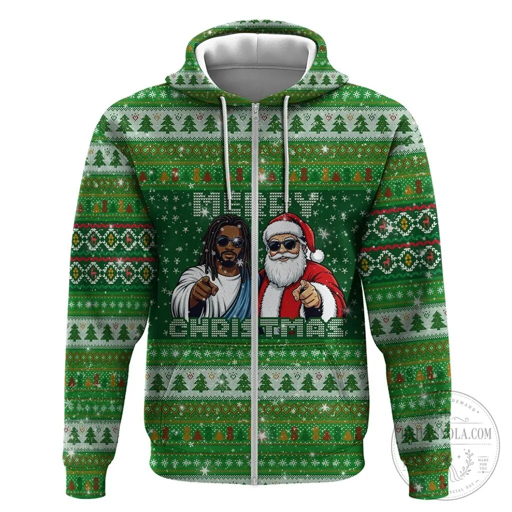 Black Jesus and Santa Claus Merry Christmas Ugly Sweater Style Zip Hoodie