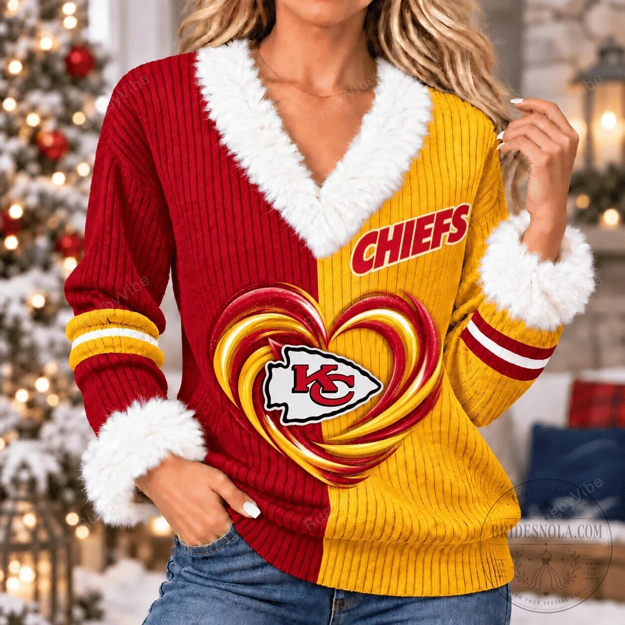 Kansas City Chiefs Christmas Candy Heart Faux Fur Trim Ugly Sweater