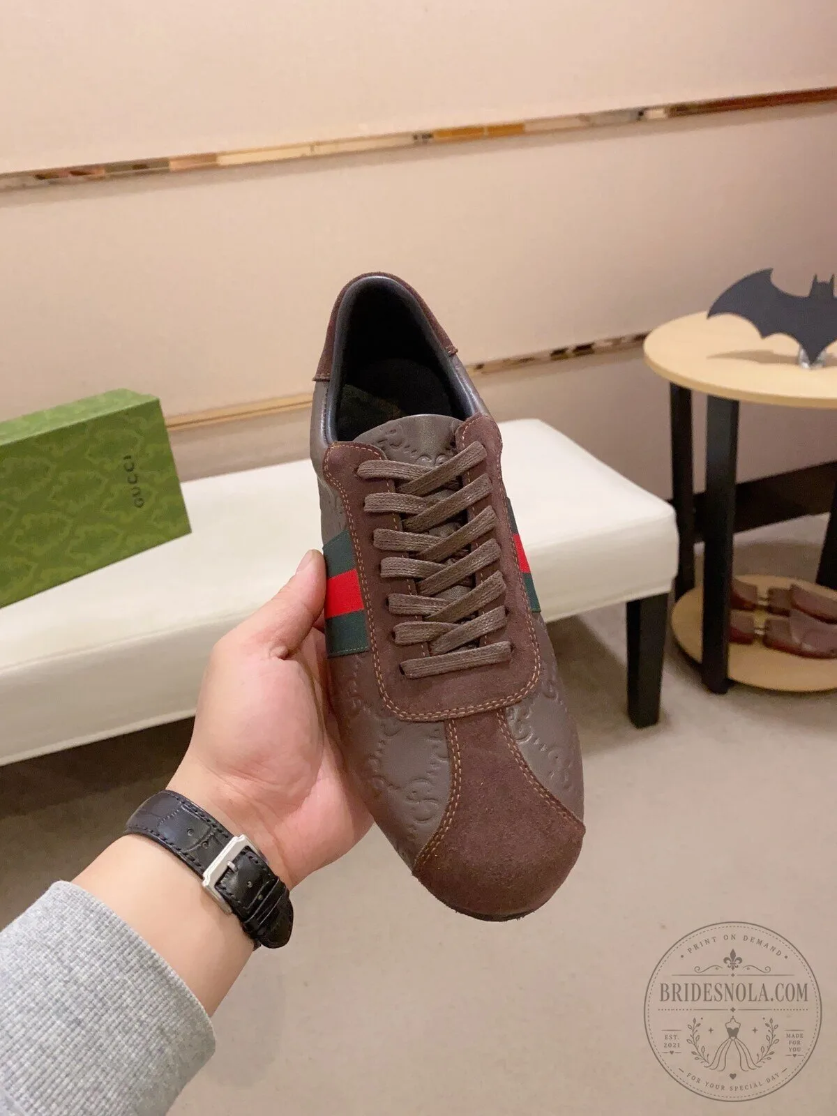 Gucci Brown Leather Embossed Monogram Stripe Casual Sneakers Shoes 1 Gucci Brown Leather Embossed Monogram Stripe Casual Sneakers Shoes