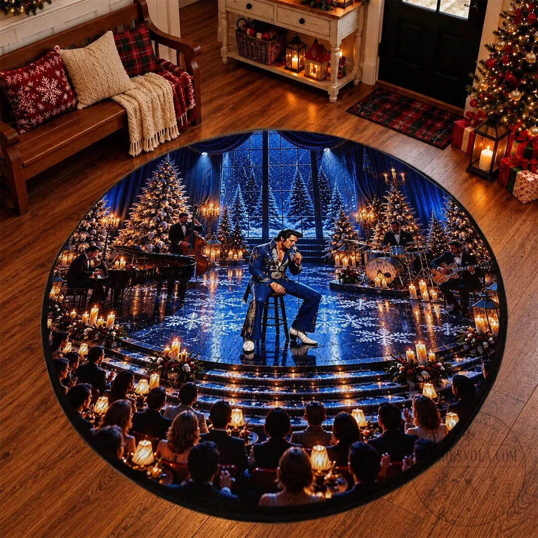 Elvis Presley Christmas Concert Stage Round Rug - Winter Holiday Home Decor