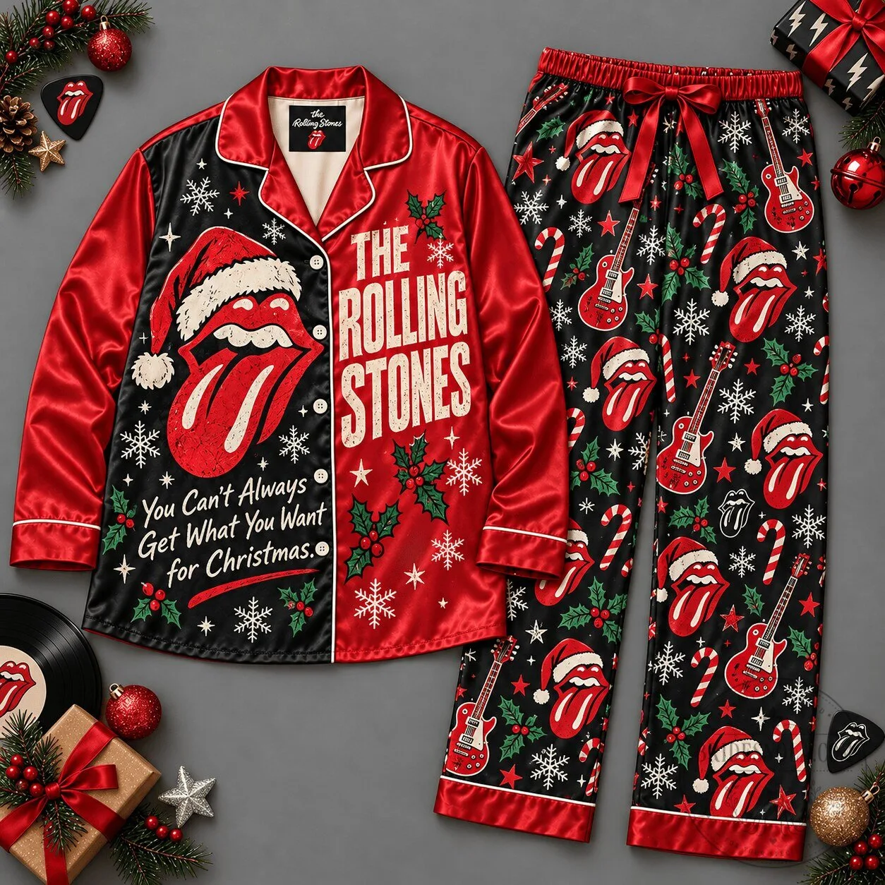 The Rolling Stones Christmas Tongue Logo Snowflake Pattern Long Sleeve Pajamas
