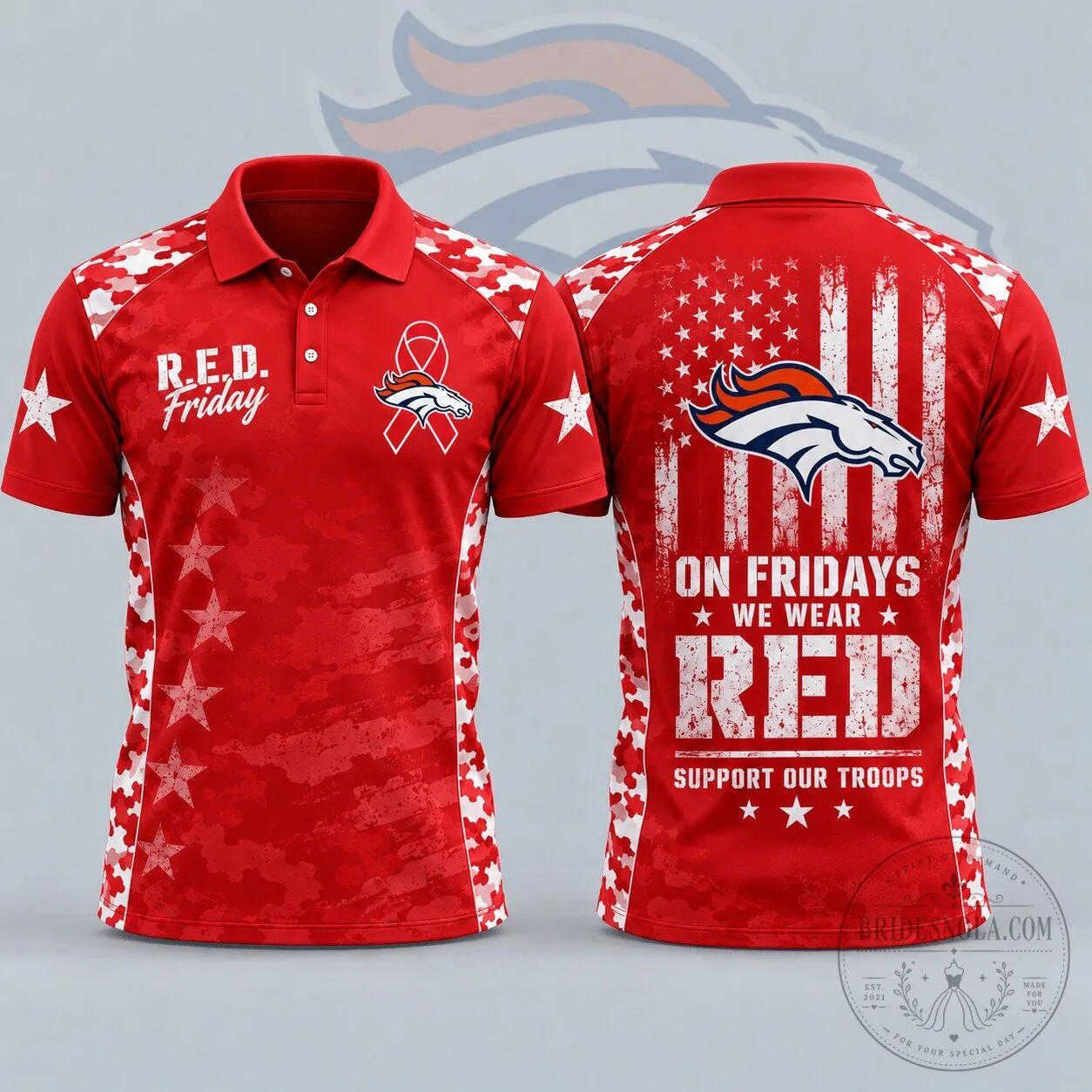 Denver Broncos R.E.D. Friday Support Our Troops Military Camouflage Polo Shirt