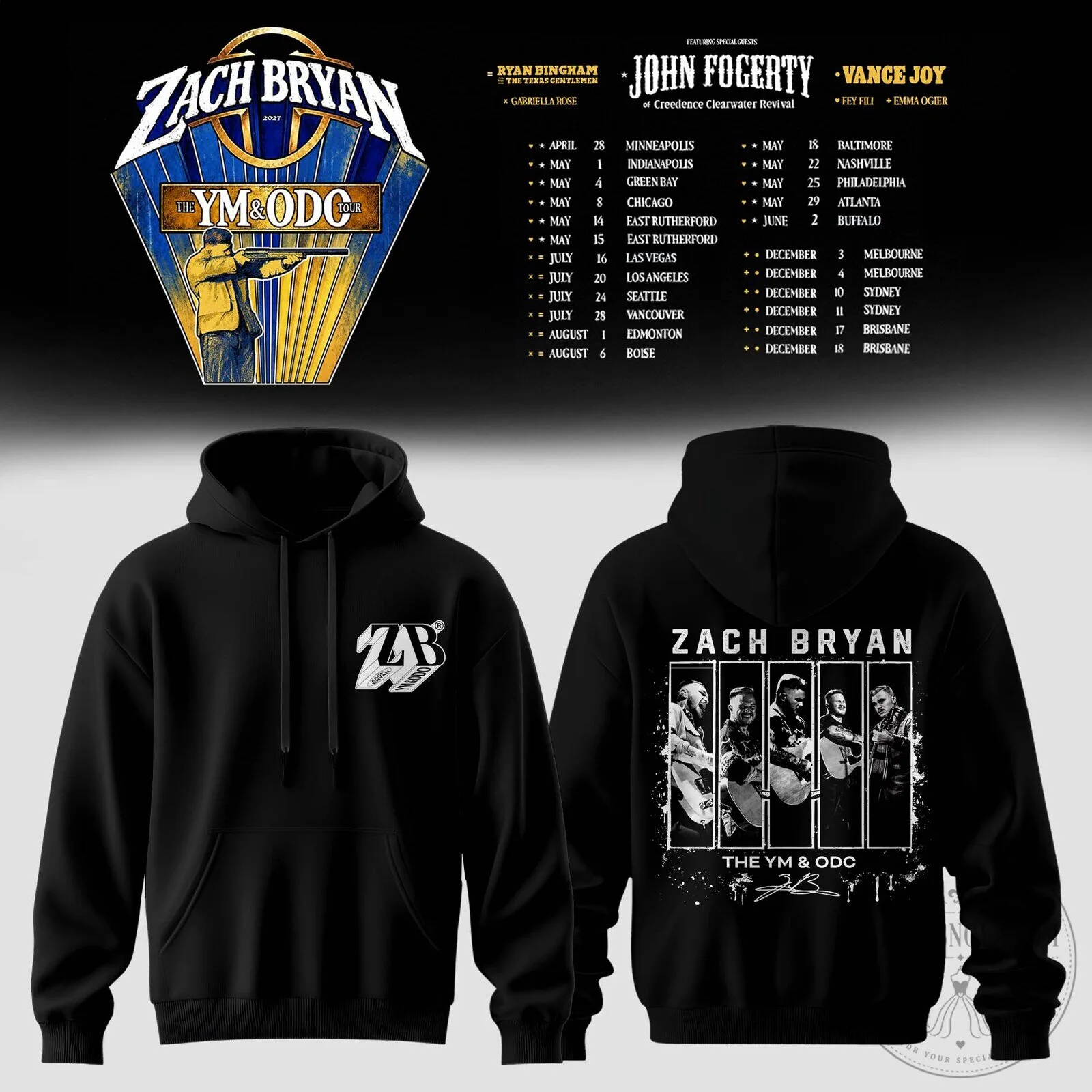 Zach Bryan The YM & ODC Tour 2024 Concert Schedule Black Pullover Hoodie