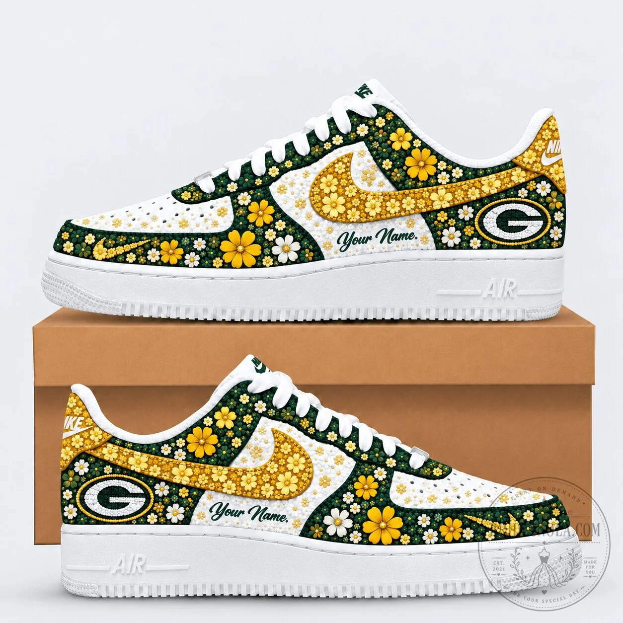 Green Bay Packers Floral Heritage Custom Name White Sneakers