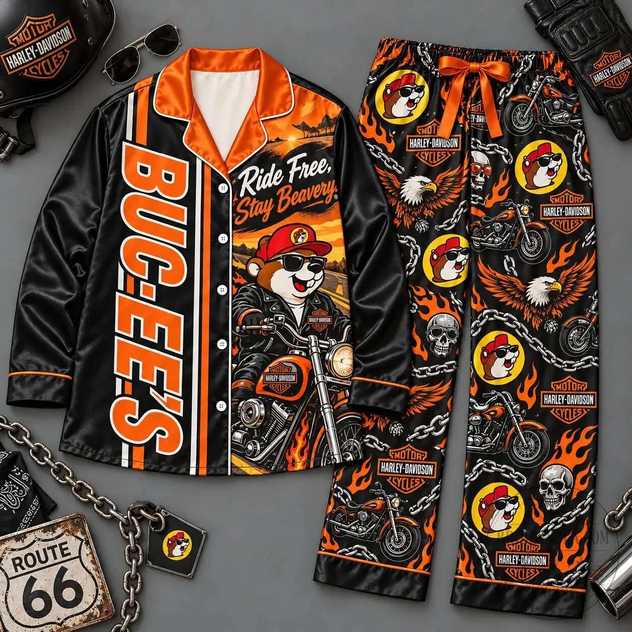 Buc-ee's Harley-Davidson Motorcycle Skull Biker Print Pajamas Set