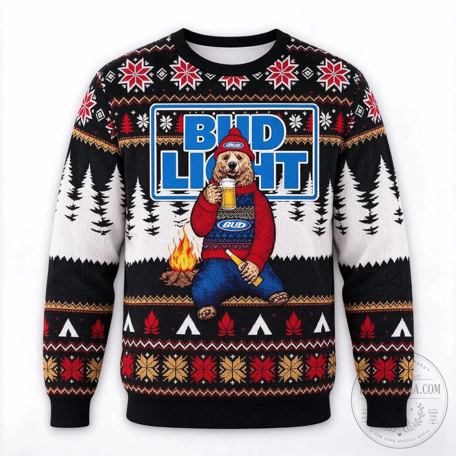 Bud Light Bear Drinking Beer Ugly Christmas Sweater Holiday Sweatshirt