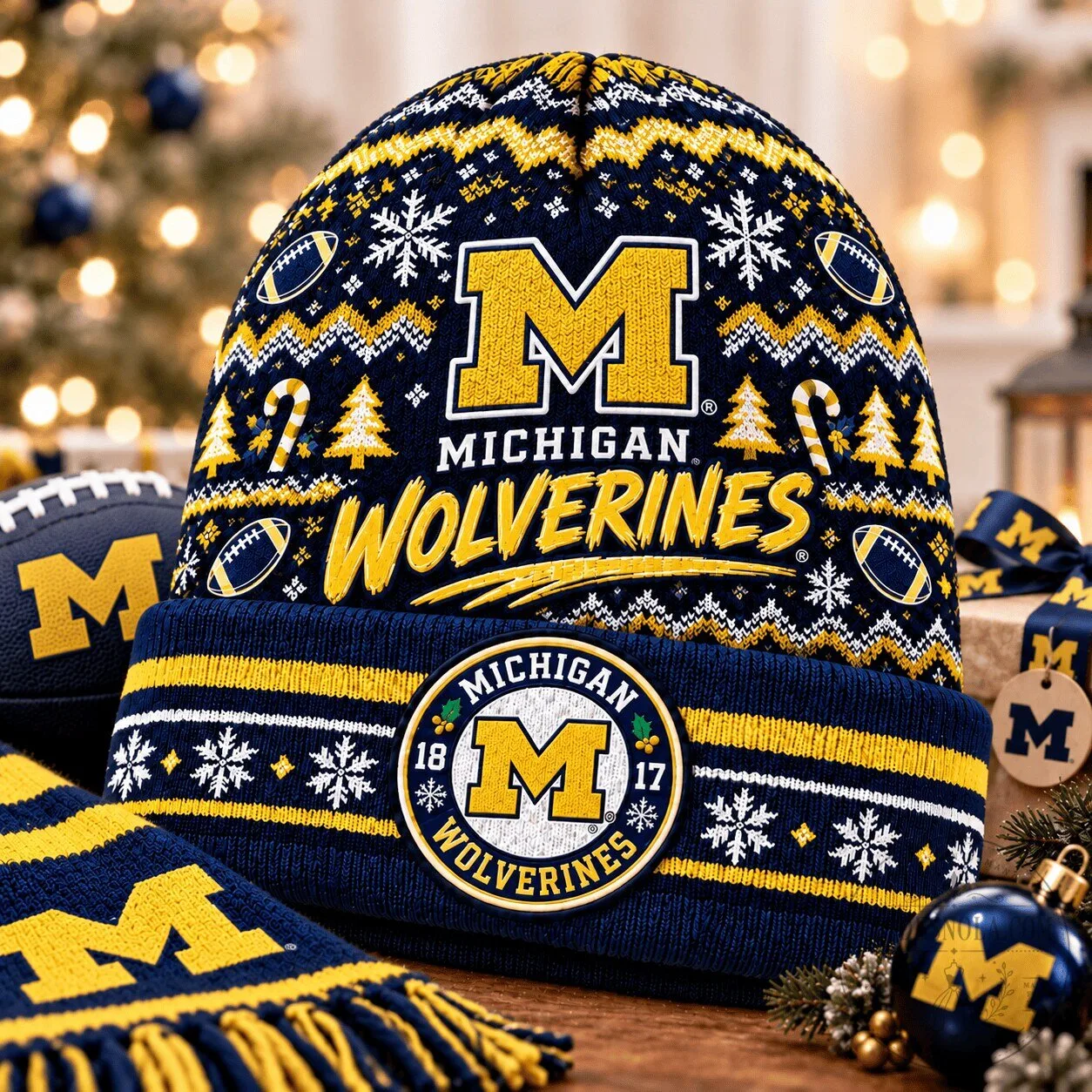 Michigan Wolverines Ugly Christmas Sweater Pattern Beanie Cap Hat