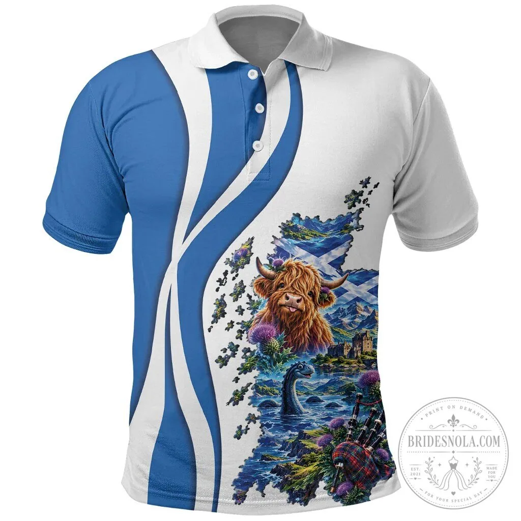Scotland National Flag Abstract Map Highland Cow Polo Shirt